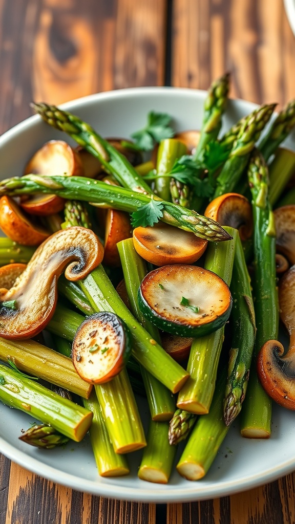Sautéed asparagus, zucchini, and mushrooms garnished with parsley on a plate.